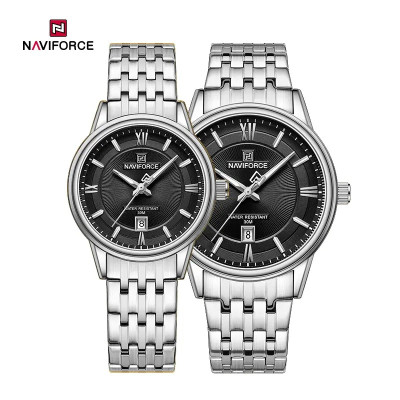 NAVIFORCE NF8040 Lover's Watches for Men and Women Fashion Simple Wristwatch Waterproof Quartz Calendar Clock Casual Wild Couple Watch - Black Silver